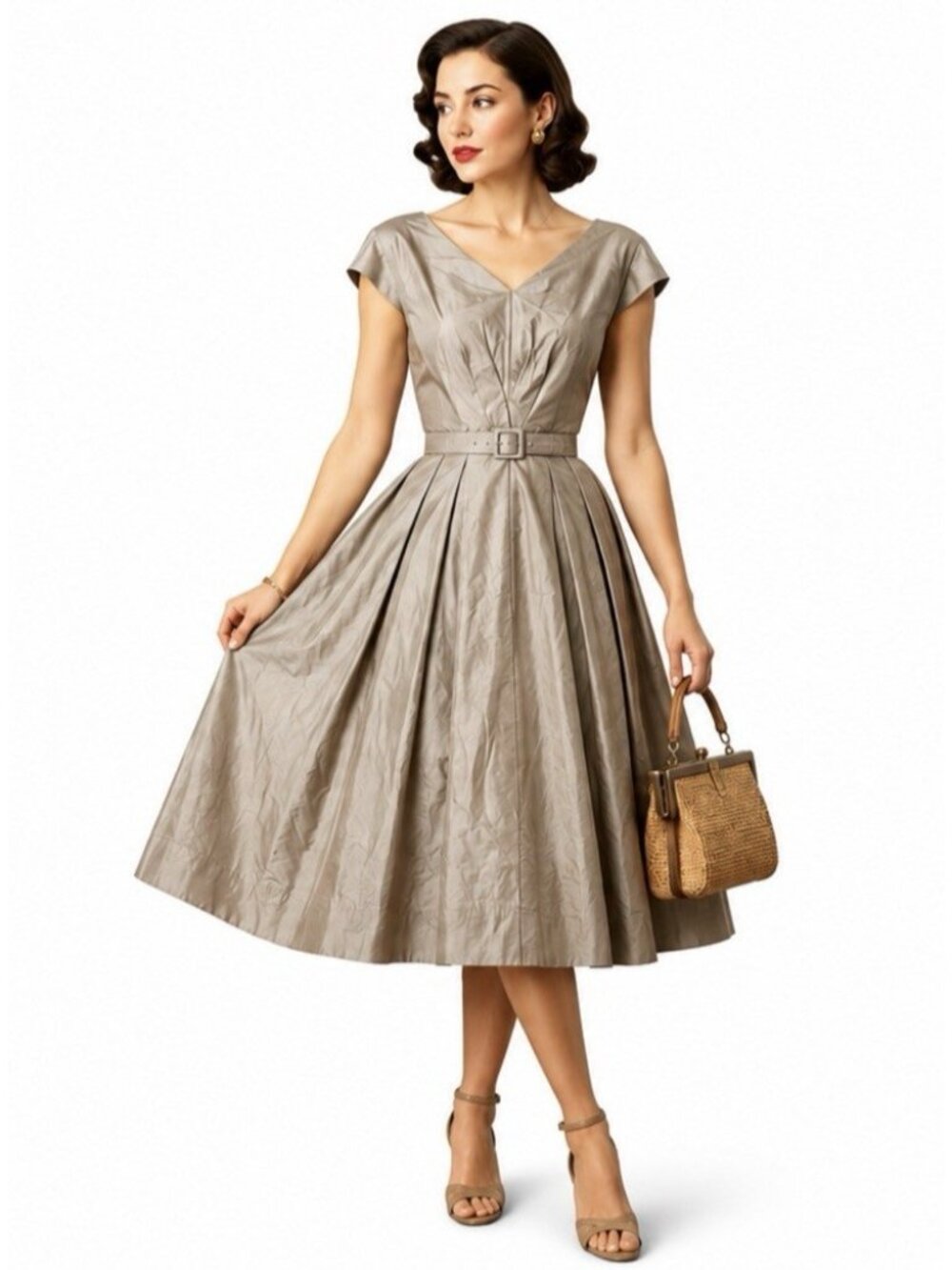 vintage 50s R&K ORIGINALS dress taupe SMALL fit flare rockabilly mid century - Picture 1 of 15